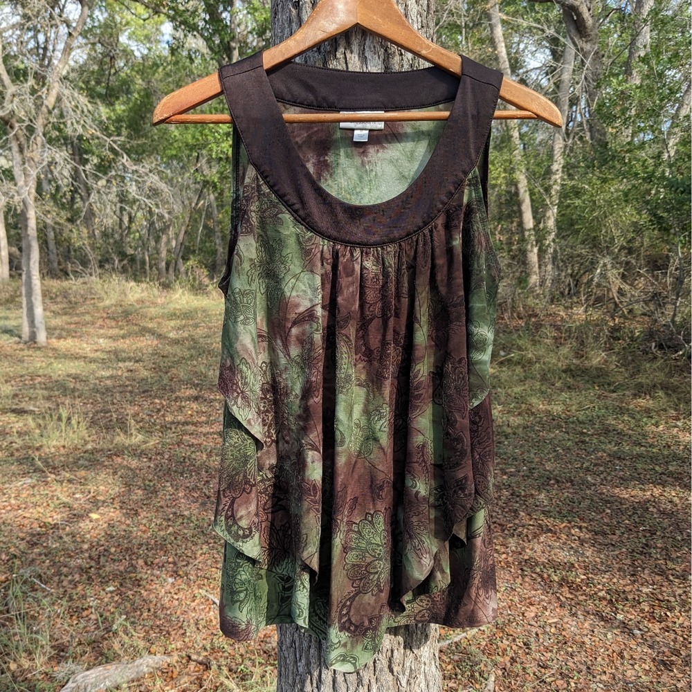 Floral Tie Dye Fairy Grunge Top Women's Medium Green Brown Velvet Flocked Flowy